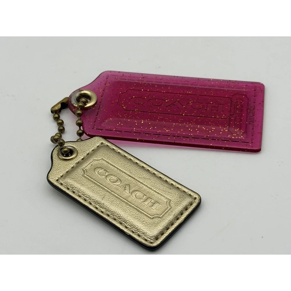 Coach Pink Poppy Glitter Hang Tag with Ball Chain & Medium Gold Leather Tag